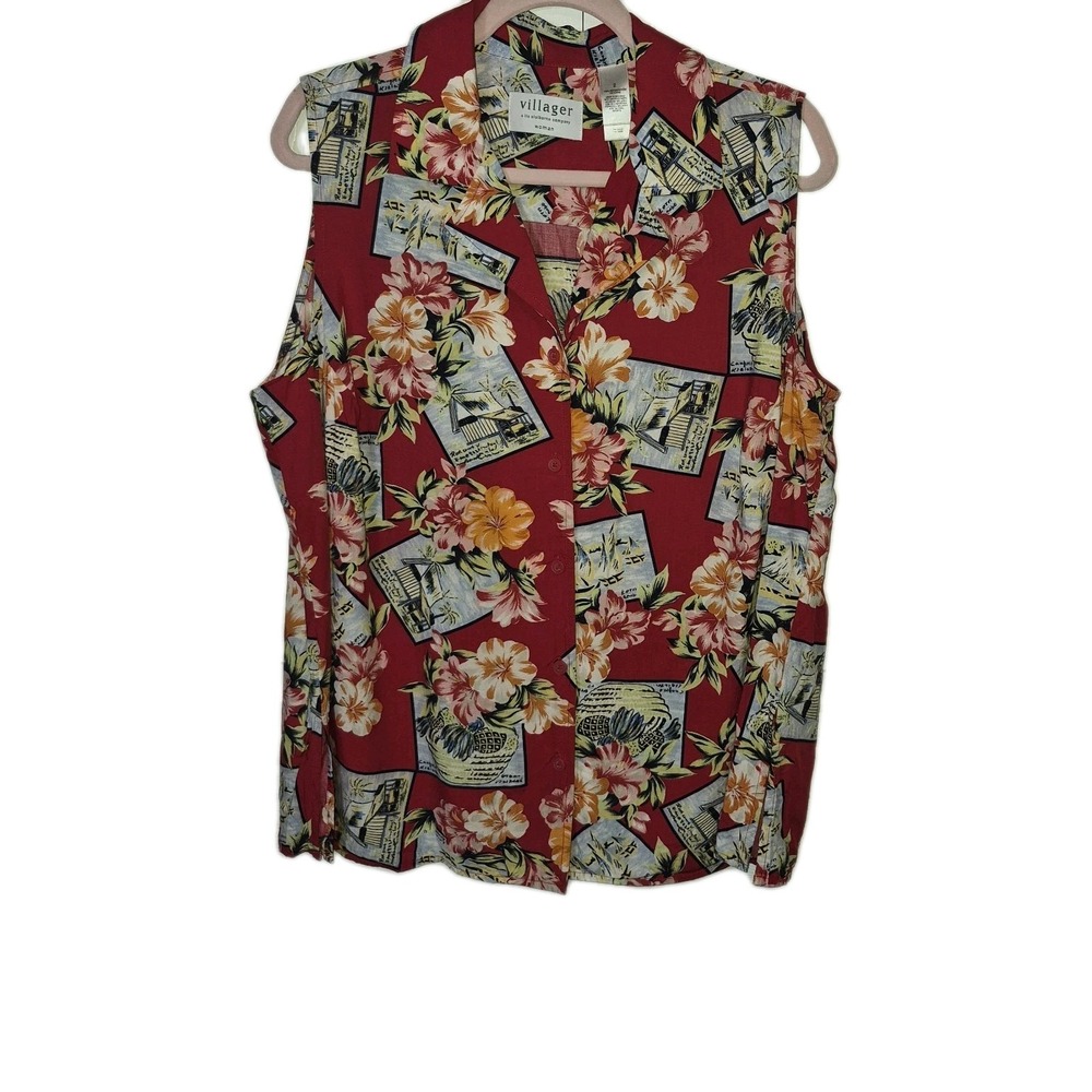 Villager Liz Claiborne Size 2 Tank Top Red Novelty Postcard Hawaiian Vintage